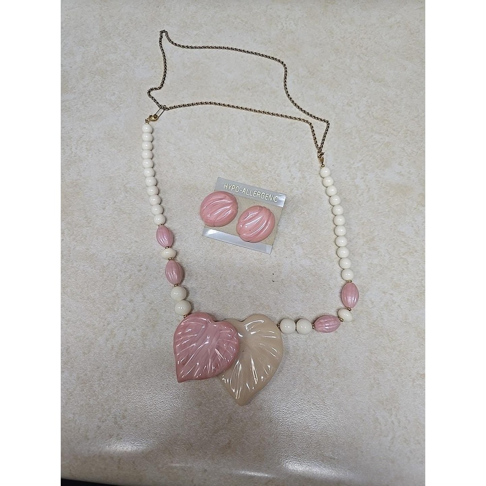 Vintage Pink Cream Leaf Heart Necklace & Earring Set Hypo-Allergenic Shabby Chic